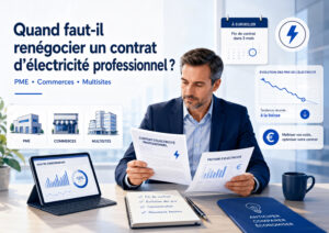 Dirigeant analysant la renégociation de son contrat d’électricité professionnel pour une PME, un commerce ou un groupe multisite