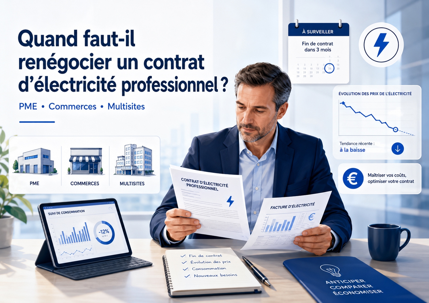 Dirigeant analysant la renégociation de son contrat d’électricité professionnel pour une PME, un commerce ou un groupe multisite